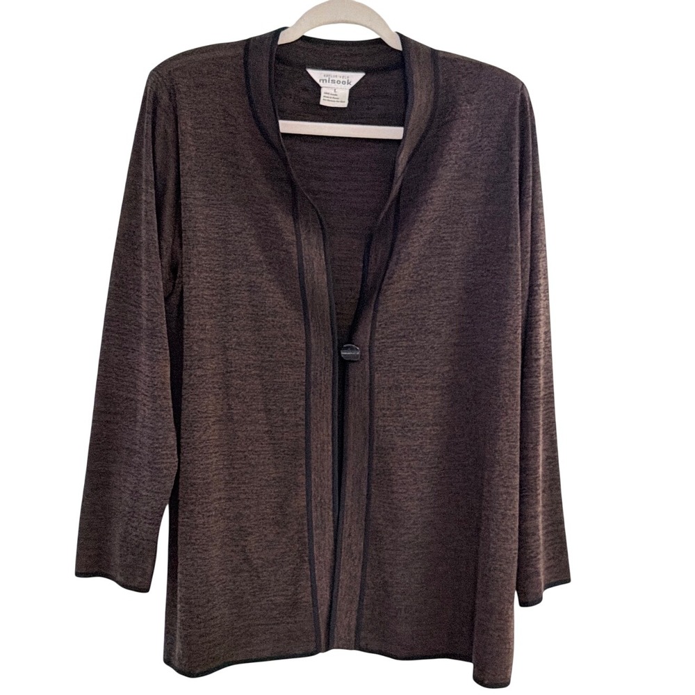 Misook Brown Space Dye Knit Cardigan Jacket Single Button Shoulder Pads Large